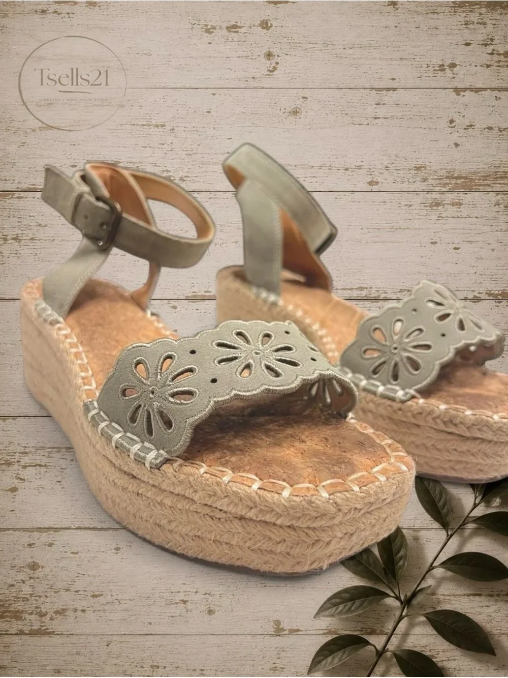 Crown Vintage Women's Sage Green Espadrille Sandal Wedges with Floral Cutouts